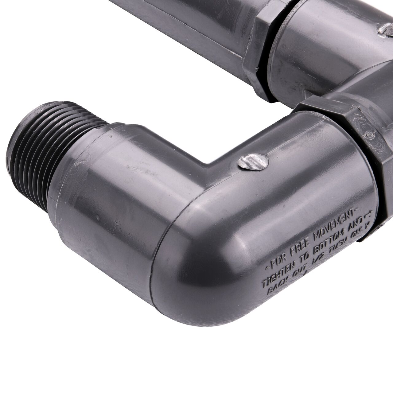 Closeup view of the 1 in. MPT end on NDS PVC Triple Swing Joints Assembly, Sch. 80 1 in. spigot X 1 in. MPT that connects pipe for subsurface irrigation and sprinkler applications (NDS TSA-1000-ST)