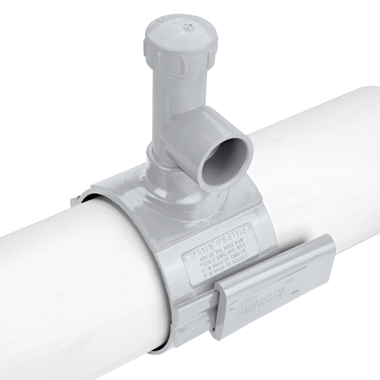 To install, remove wedge and clamp saddle over pipe on the 6 in. NDS Flo-Tap™ Rigid PVC saddle with 1-1/2 in. socket or 2 in. spigot (NDS 3260)