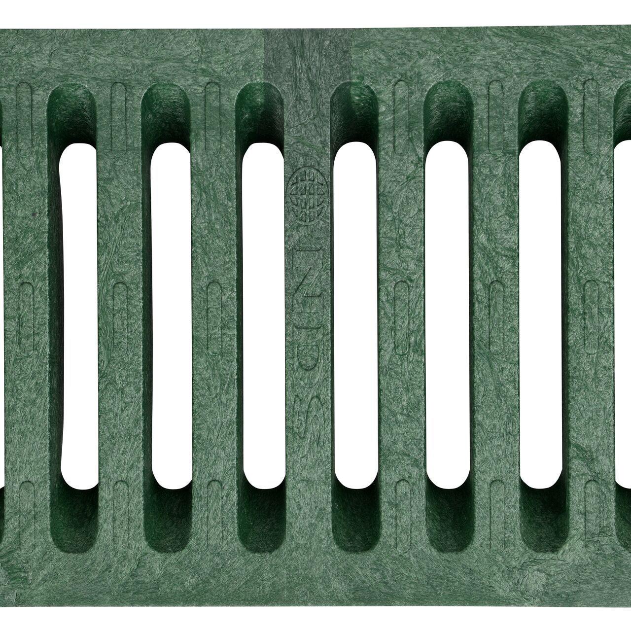 Top Down View of the green Plastic Dura Slope™ Channel Drain Grate (NDS 662) perforated design