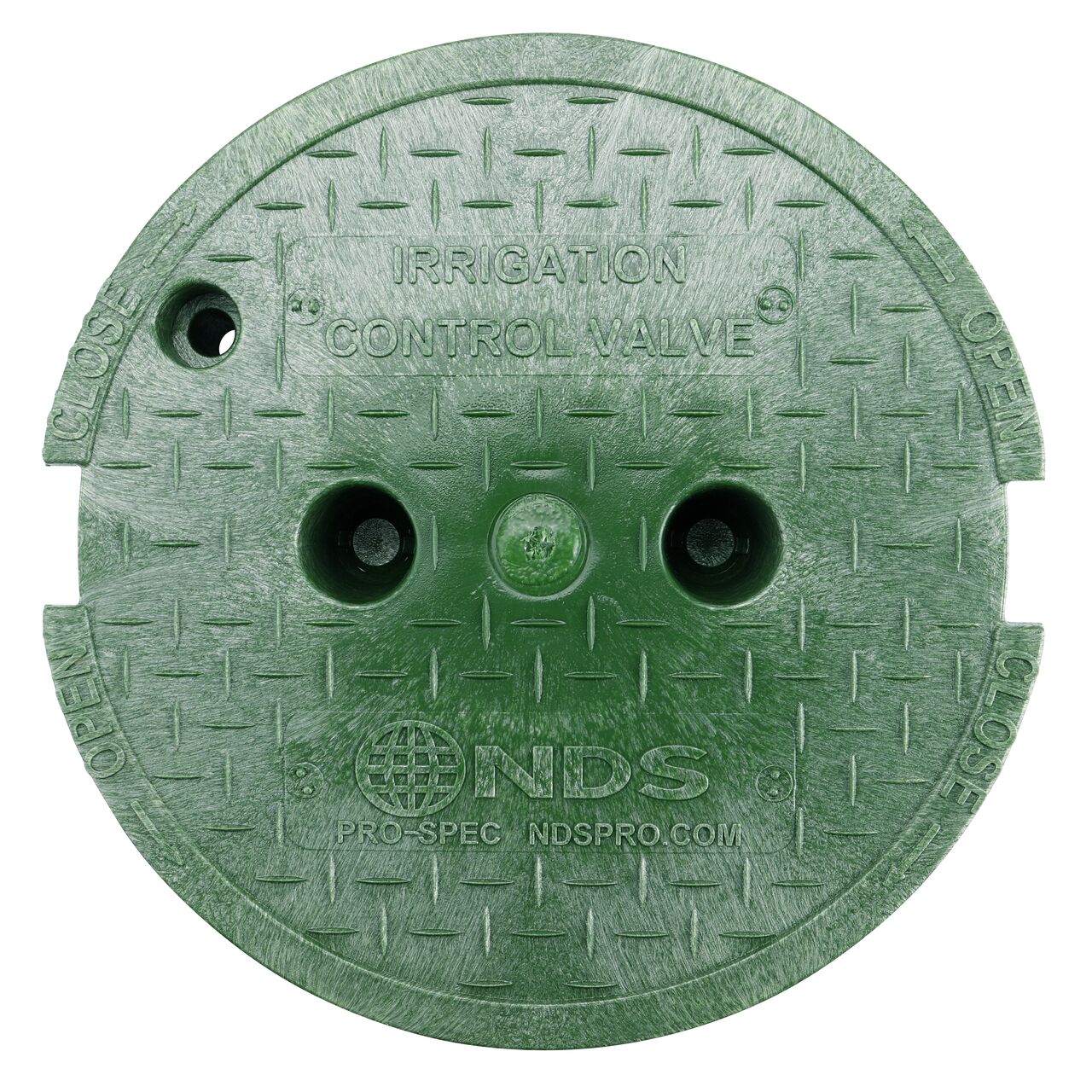 Top down view of the top side of the Green Irrigation Control Valve cover for the NDS 10 in. Round Pro-Spec® Series (NDS 312BC) shows markings, two finger slots to twist and remove lid
