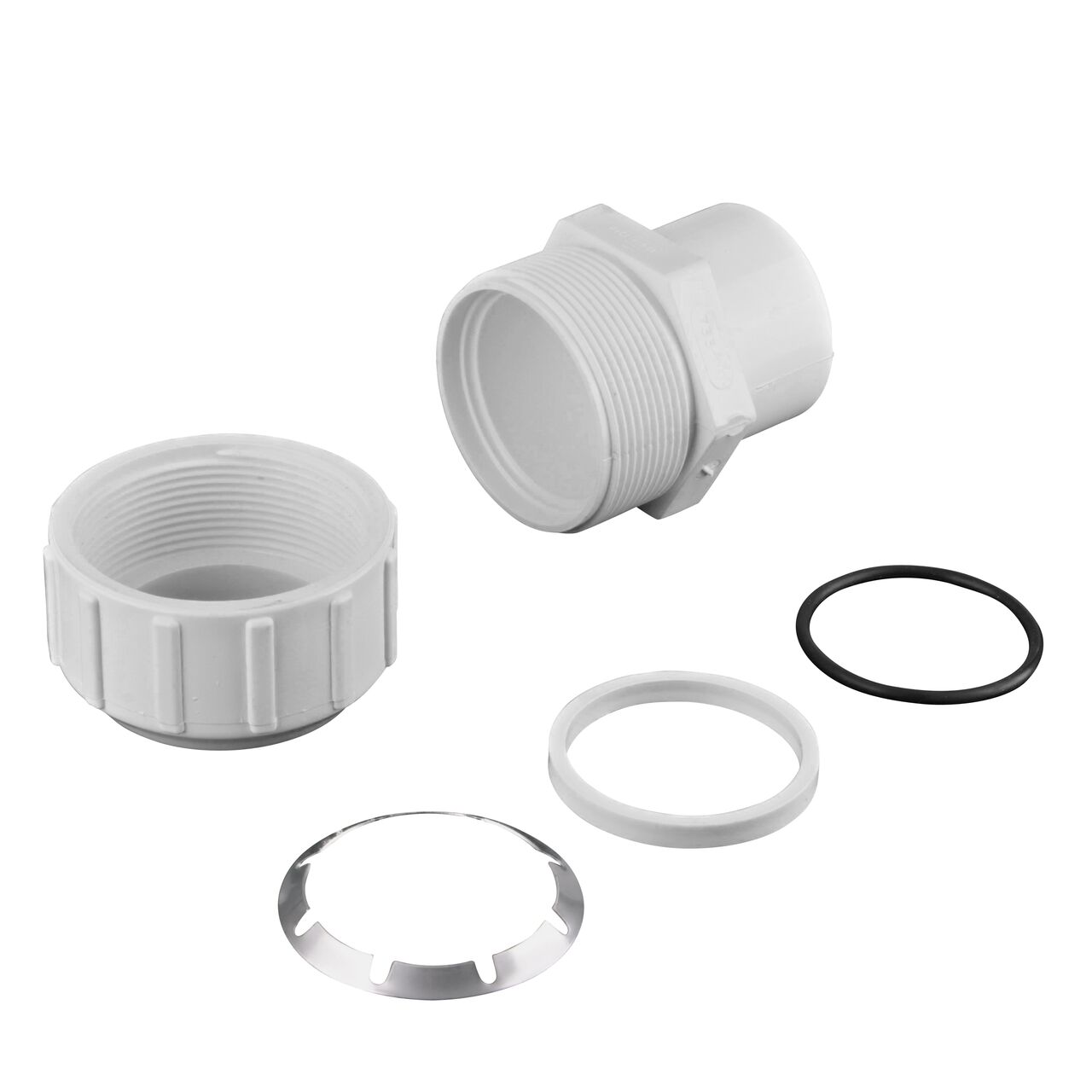 The NDS 2 in. IPS Spigot X 2 in. SDR-9 CTS Flo-Lock™ Gripper Adapter fully unassembled showing the steel gripper and EPDM O-Ring (NDS 733-20)