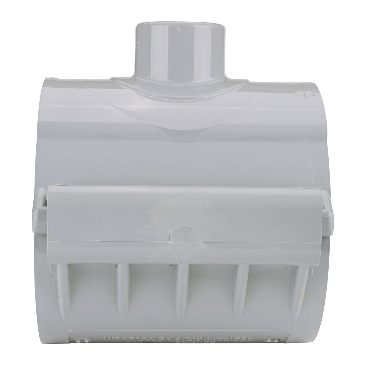 Side view showing hinged side of the NDS Clamp-It™ Rigid PVC Saddle with 1 in. slip connection on top (NDS 454010) for 4 in. PVC pipe