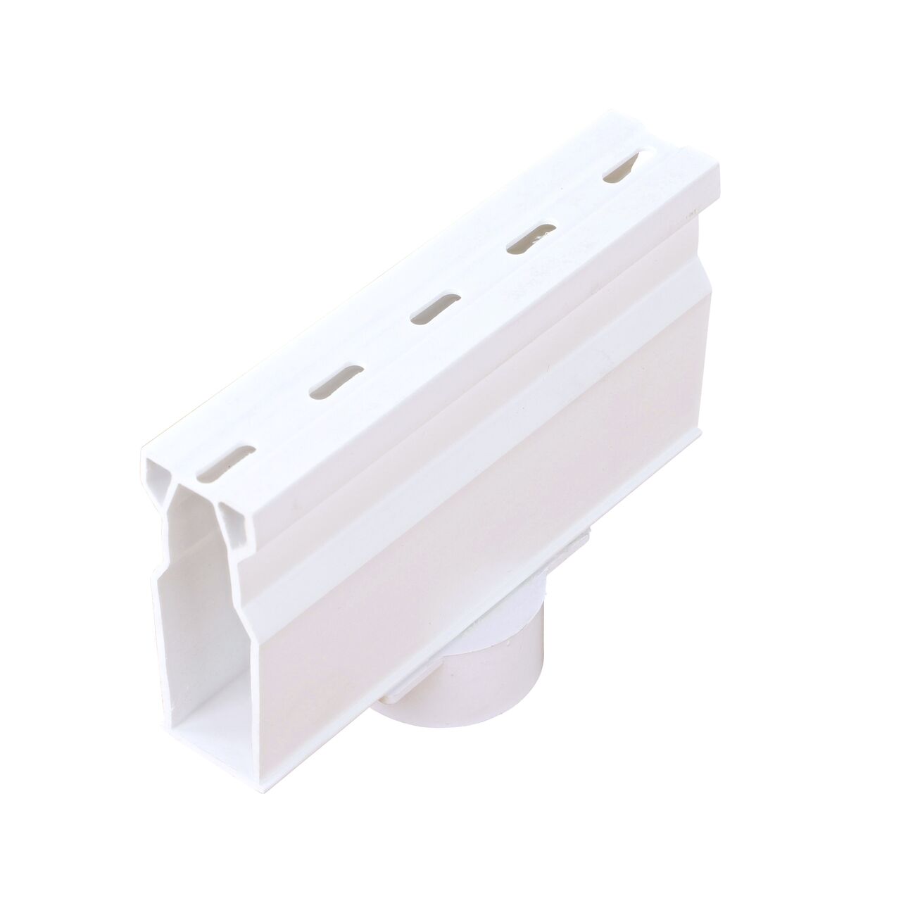 Micro Channel™ Drain with Bottom Outlet, 1-1/4 in. wide X 7 in. long, Fits 1-1/4 in. & 1-1/2 in. Drain Pipes, White Plastic (NDS 8501G*, NDS L8501G, NDS 8501) for draining small flows of stormwater; hero shot