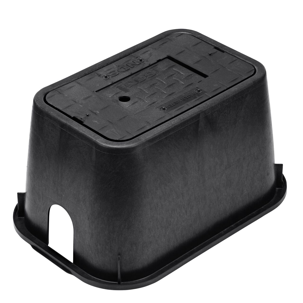 The NDS 10 in. X 15 in. Rectangular D1000 Meter Series Meter Box and Cover is a 10 in. high Black Box and Black Cover with Water Meter markings on the Drop-In lid (NDS D1000-RB) with a plastic reader door and protects underground irrigation and sprinkler system components and keeps them out of sight