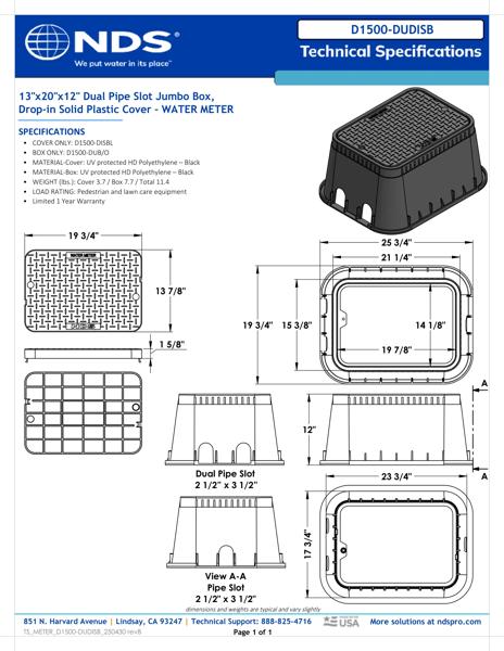 NDS 13 in. X 20 in. Rectangular D1500 Meter Box with Dual Pipe Slot and Drop-in Cover, 12 in. Height, Black Box, Black Water Meter Cover (no reader) Tech Spec