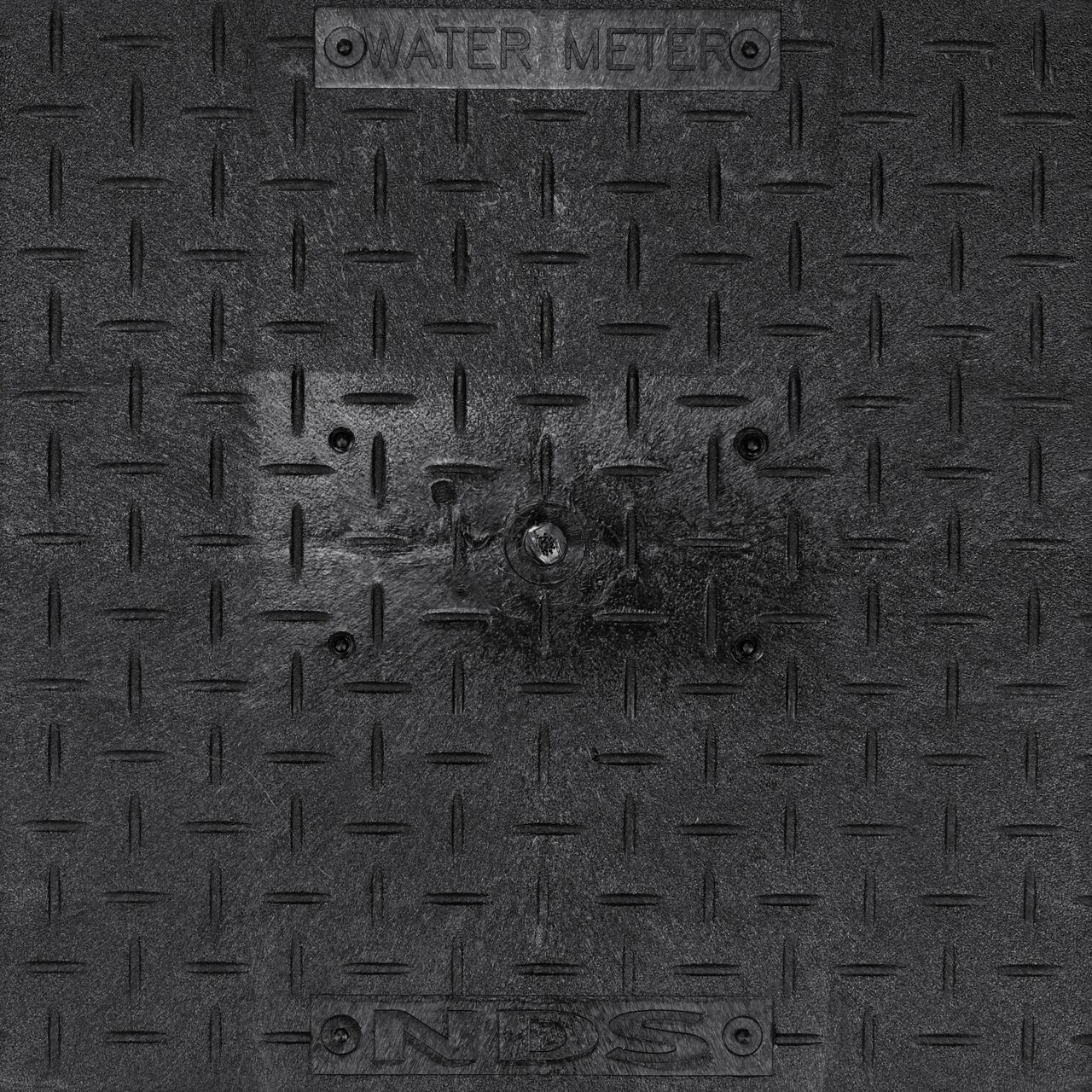Closeup view of the Water Meter markings on the Black Water Meter drop-in cover (NDS D1500-DISBL) for the NDS 13 in. X 20 in. Rectangular Standard Series Meter Box