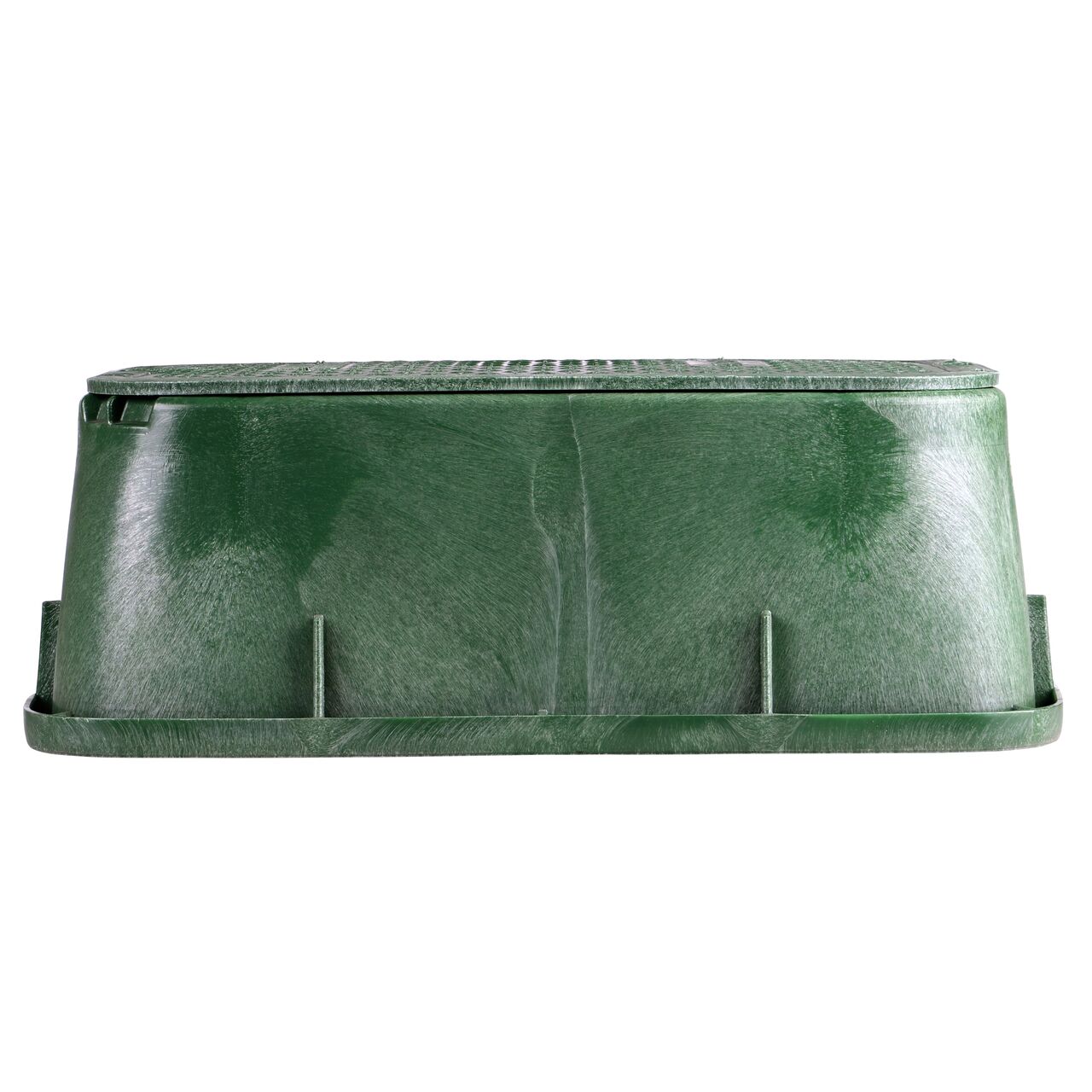 Side view of the longer length side of the NDS 14 in. X 19 in. Rectangular Standard Series Valve Box Tapered Extension & Irrigation Control Valve Cover (NDS 116TBC) which is engineered for superior strength with structural reinforcing ribs