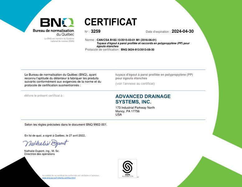 BNQ 3624-913 Profile Polypropylene Pipe and Fittings CERTIFICATE