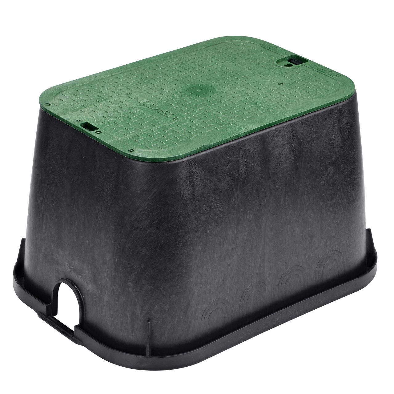 The NDS 14 in. X 19 in. Rectangular Standard Series Valve Box and Cover is a 12 in. high black box with the universal locking mechanism and Green Cover with Electrical markings on the overlapping lid (NDS 113BCE) protect underground irrigation and sprinkler system components and keep them out of sight