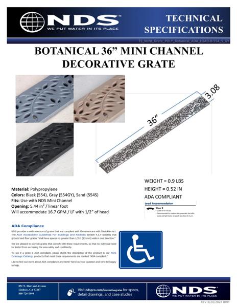 NDS Mini™ Channel Drain Grate Plastic Decorative Botanical Design Tech Spec