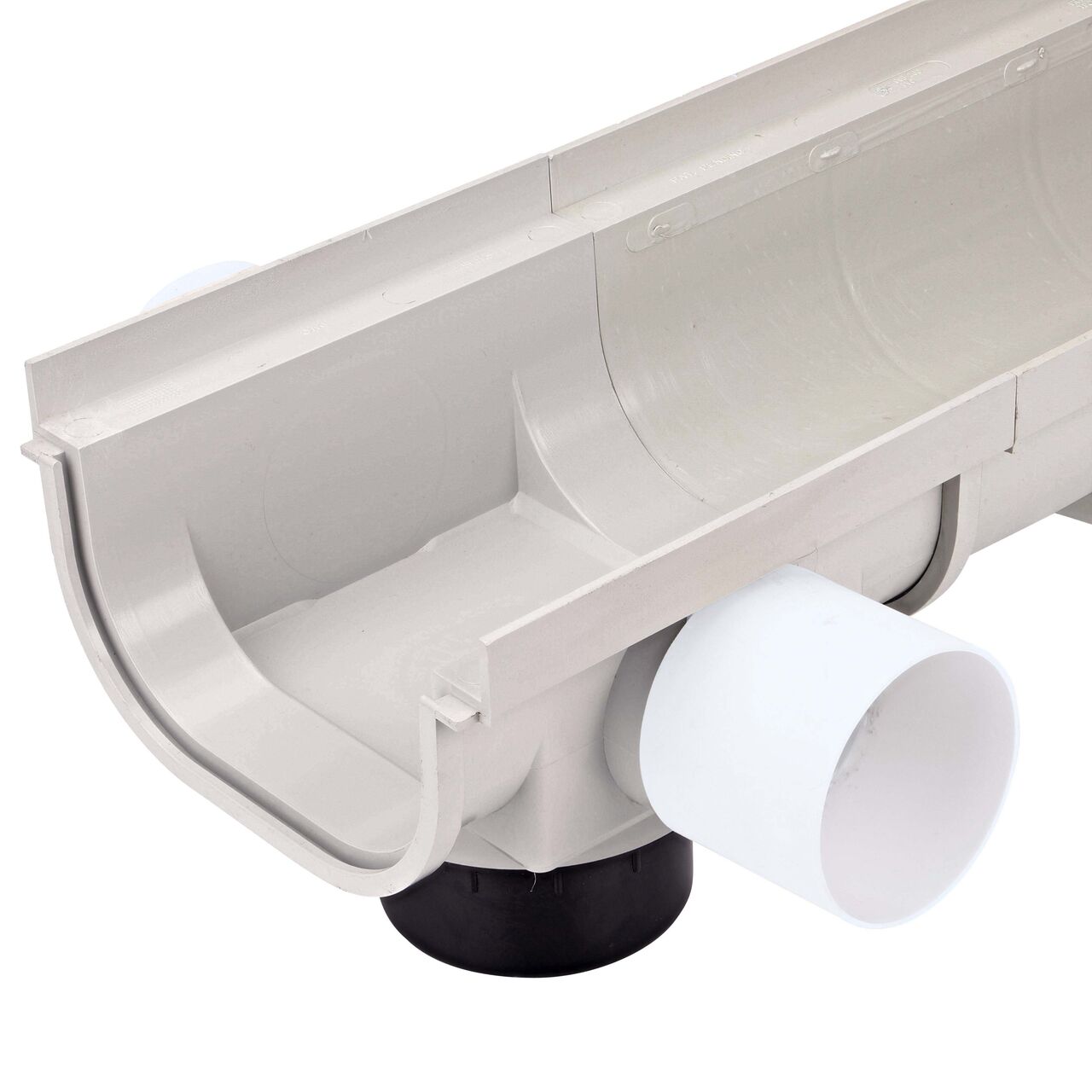 The NDS 8 in. Pro Series Channel™ Drain Side Outlet (NDS 832) connected to the Shallow Profile Channel Drain (NDS 830)