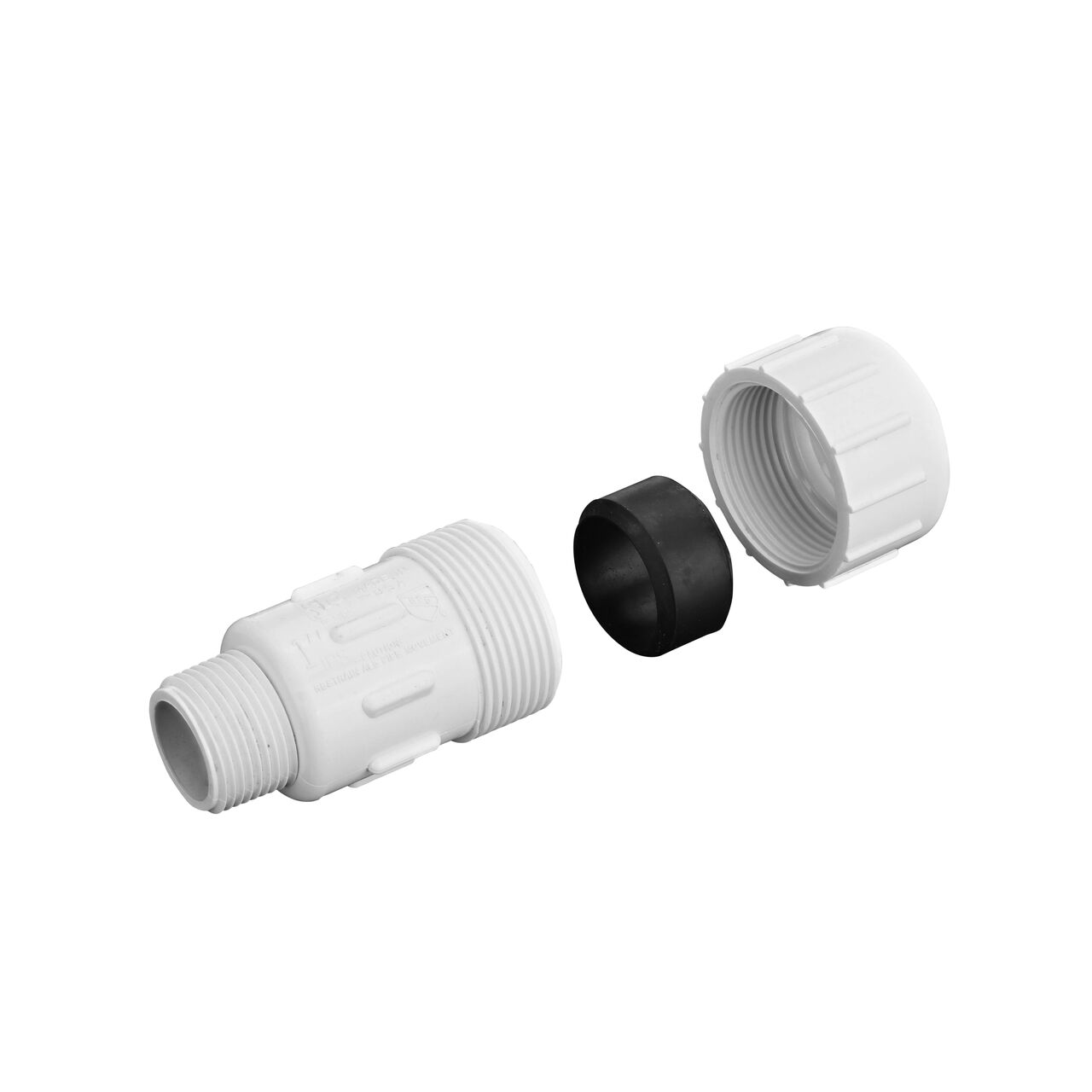 The PVC Compression Adapter 1 in. IPS UC X 1 in. IPS MPT unassembled showing that the adapter comes with adjustable nut for corrosion-free connection and reduces pull-out from pipes (NDS CPA-1000)