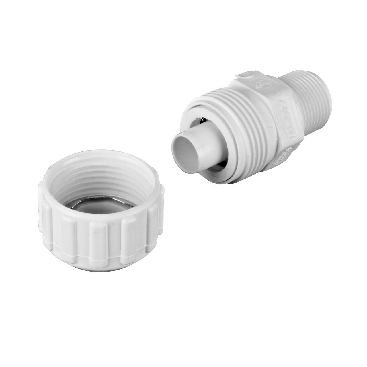 Unassembled NDS 3/4 in. SDR-9 X 3/4 in. MPT Flo-Lock™ Gripper Adapter showing where the two ends come apart to secure the adapter to the pipe (NDS 730-07)