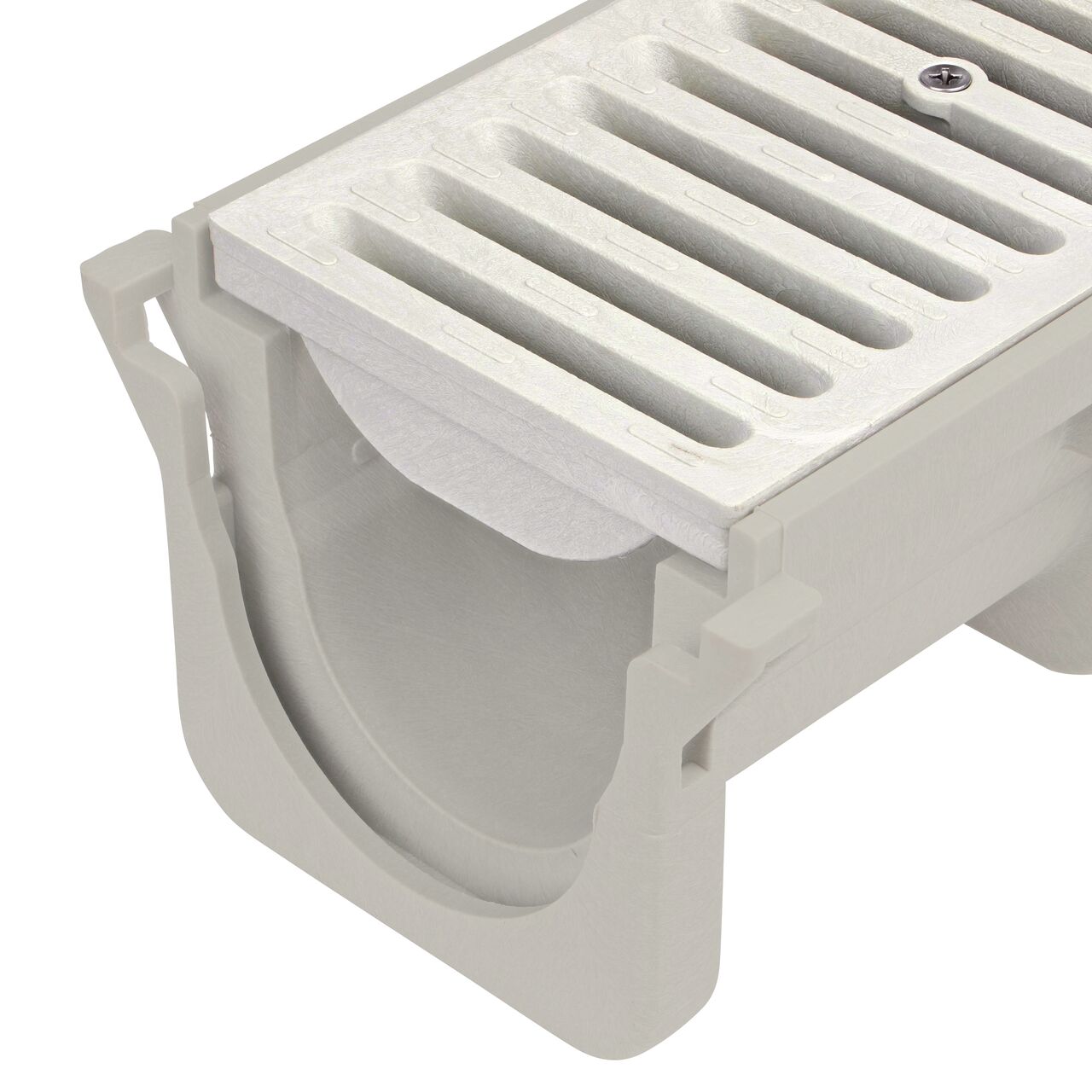 Closeup groove (female) side of the NDS 3.99 To 4.34 in. Deep Dura Slope Channel (NDS DS-091) with the Standard Duraslope Light Gray Grate installed (NDS 661LG)