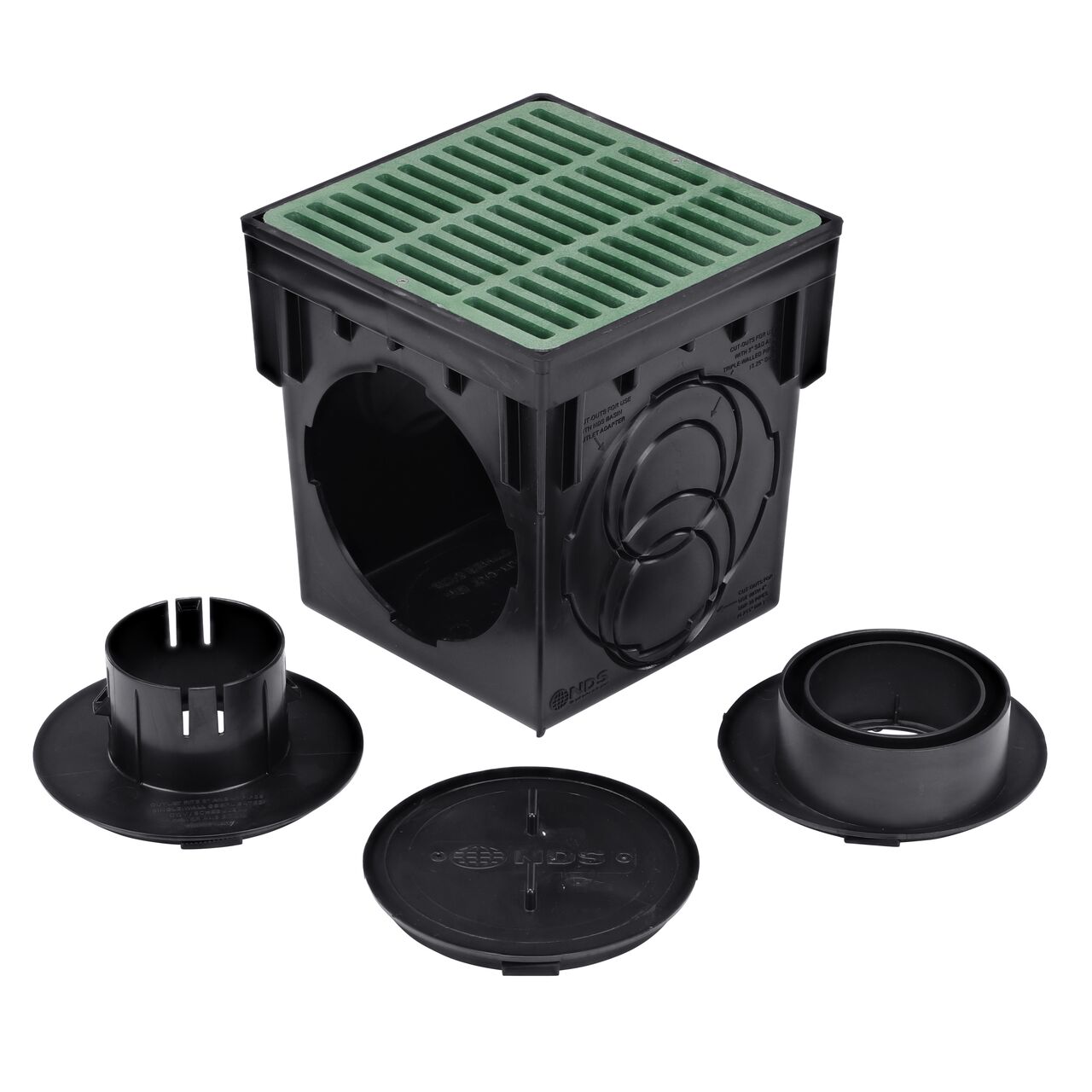Unassembled view of the plastic 9 in. Catch Basin Drain Kit with green grate (NDS 900GRKIT)