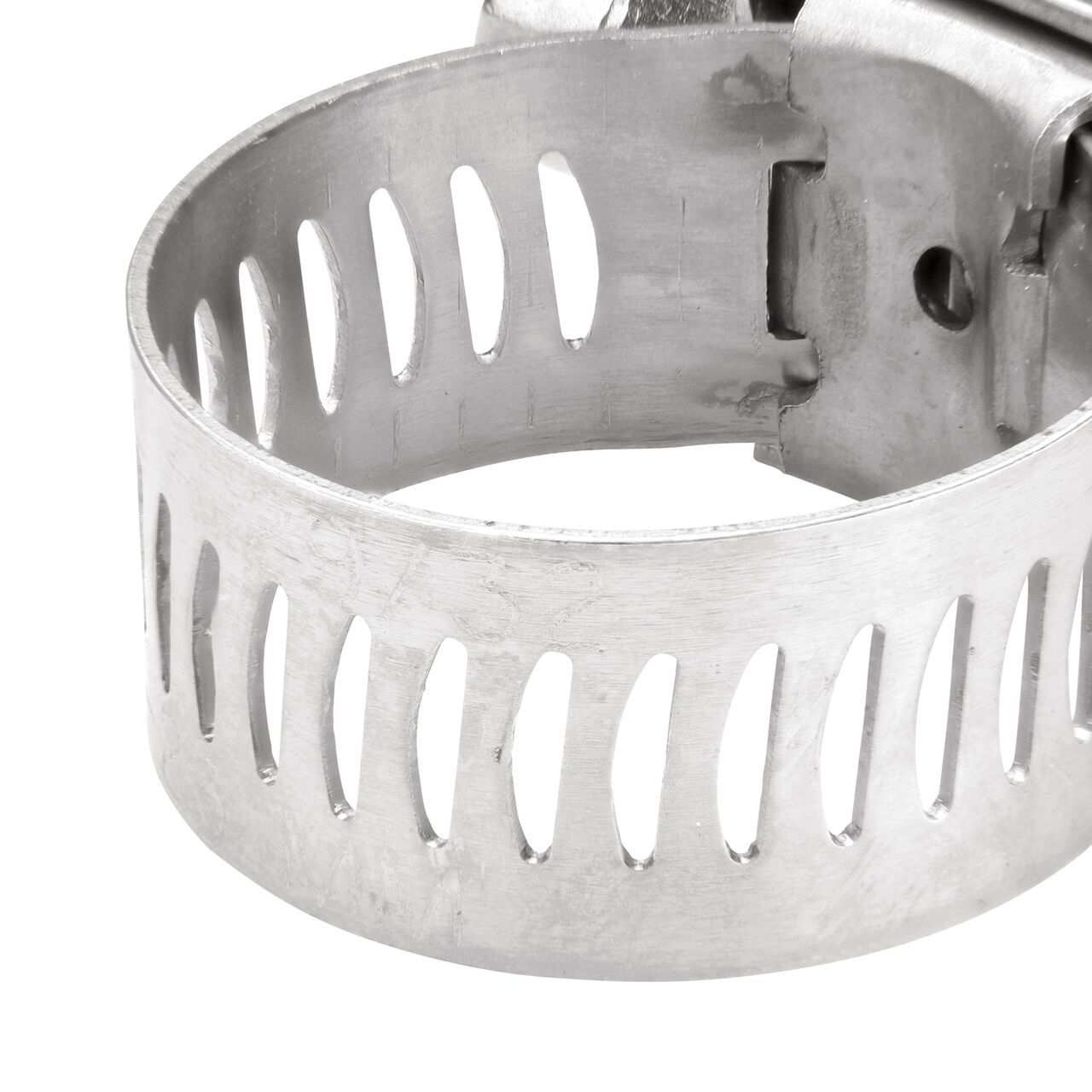 Closeup view of the arcial perforated slots in band for added strength and smoother engagement on the NDS SAE 8 Worm Drive Hose Clamp with Aero Seal 1/2 in. band width (NDS 64008H)