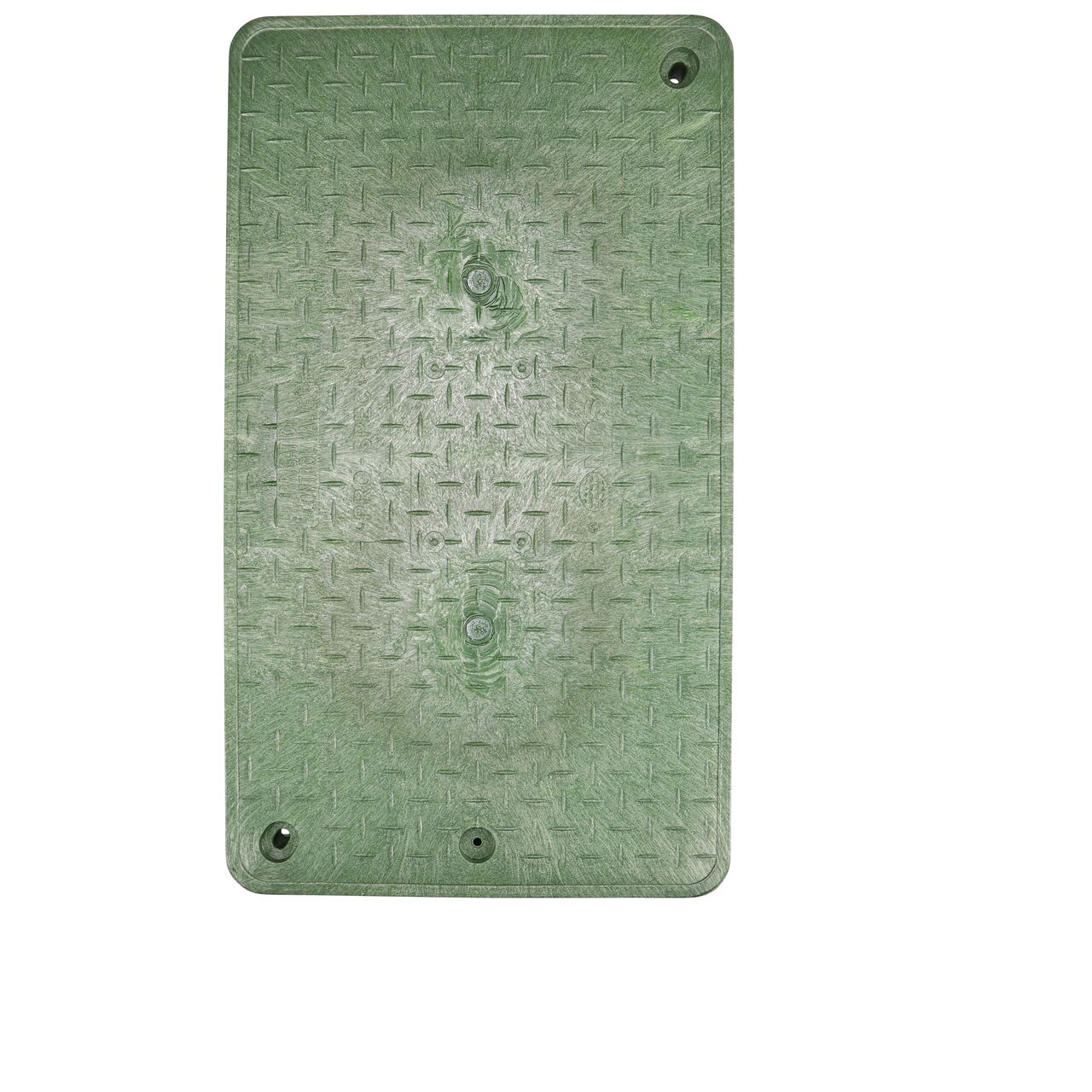Top down view of the top side of the Green drop-in Irrigation Control valve cover for the NDS 17 in. X 30 in. Rectangular Pro-Spec® Series Valve Box (NDS 326BCDB) showing the Green Irrigation Control Valve markings