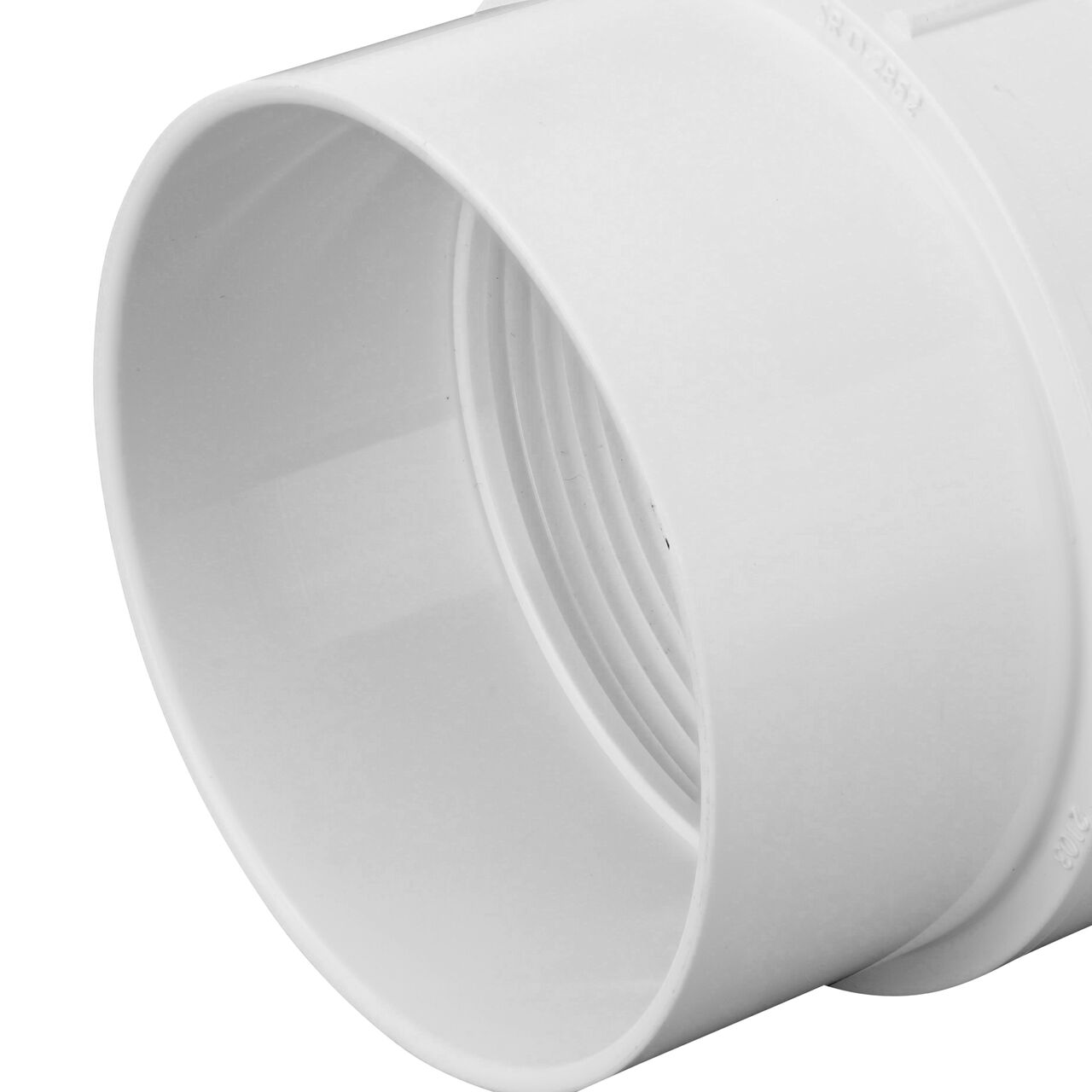 Closeup view of the S&D HUB end of the NDS 3 inch PVC female cleanout adapter (NDS 3P11)