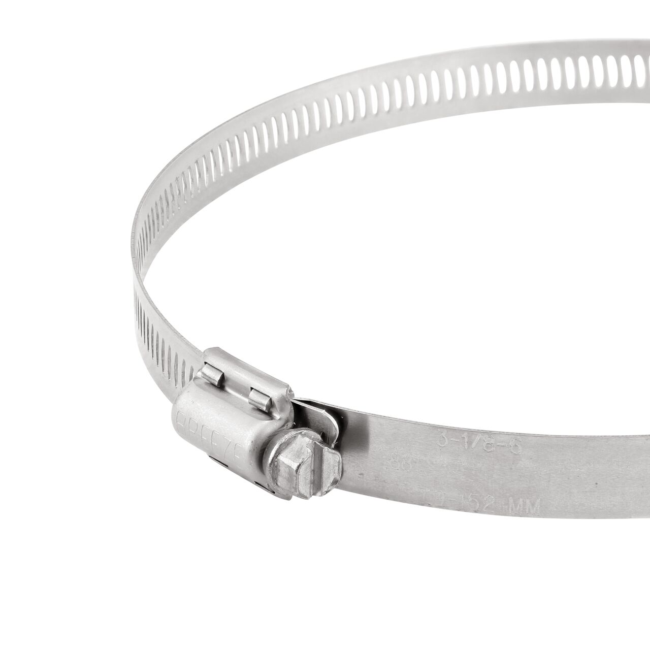 Closeup view of the NDS SAE 88 Worm Drive Hose Clamp with Aero Seal 1/2 in. band width (NDS 64088H) with a 5/16 in. 410 Stainless Steel hex screw; tighten to 30-45 in. lbs. torque to close