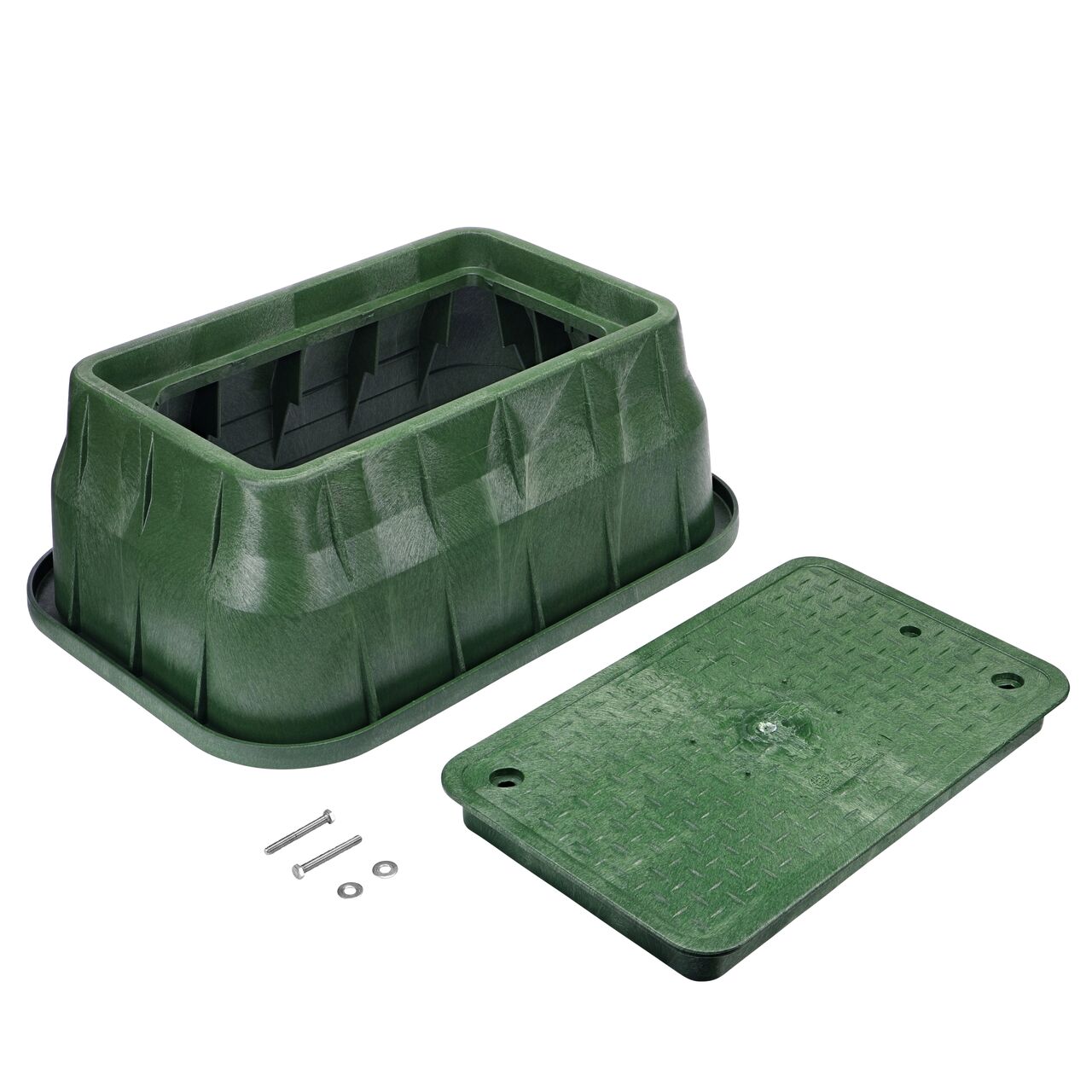Unassembled View of the NDS 13 in. X 24 in. Green Rectangular Pro-Spec® Series valve box , bolt, and Green Water overlapping cover (NDS 321BCBW)