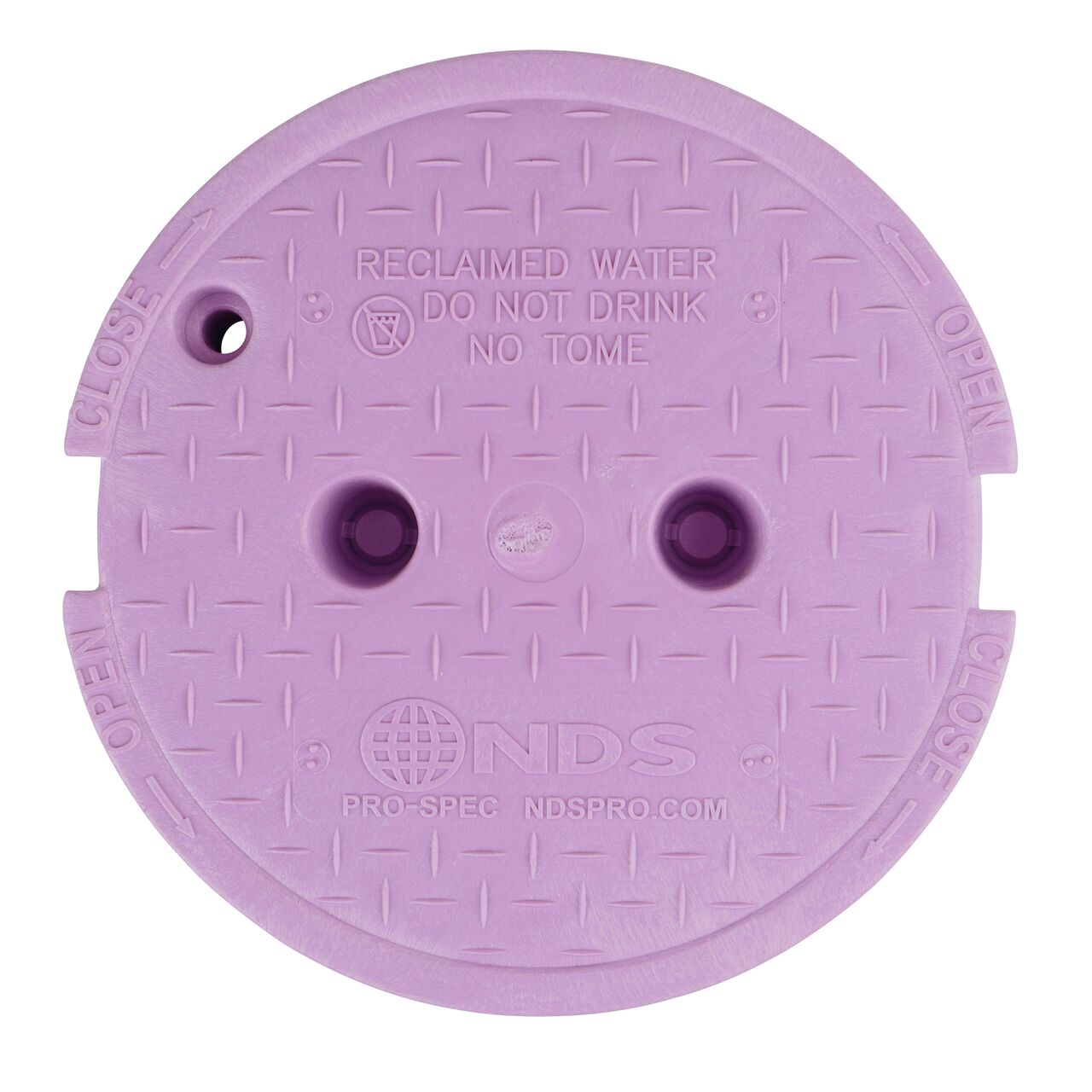 Top down view of the top side of the Purple Reclaimed Water cover for the NDS 10 in. Round Pro-Spec® Series (NDS 312PBCBR) shows markings, two finger slots to twist and remove lid