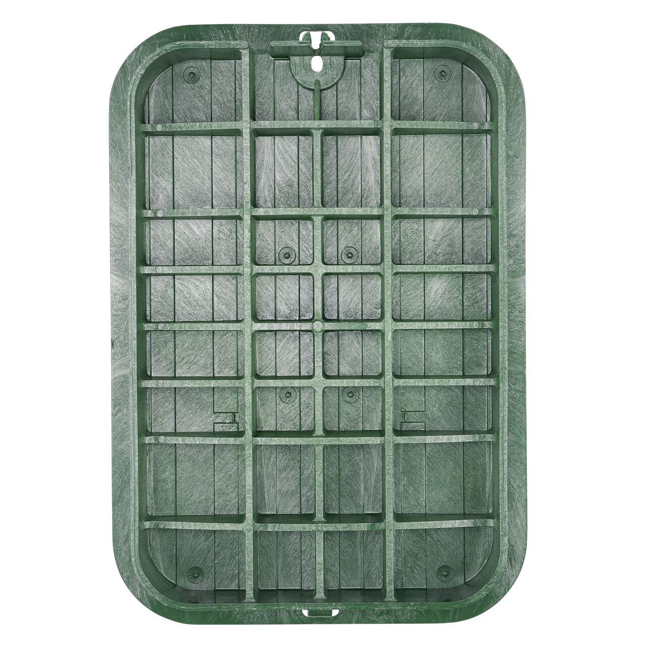 Top down view of the underside of the Green Irrigation Control Valve cover (NDS 317C) for the NDS 13 in. X 20 in. Rectangular Pro-Spec® Series valve box showing reinforcing ribs that help support pedestrian and lawn care equipment