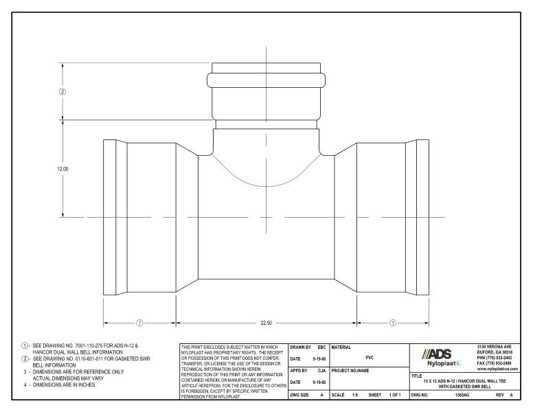 15 x 12 N-12 Dual Wall Tee with Gasketed SWR Bell Nyloplast Detail