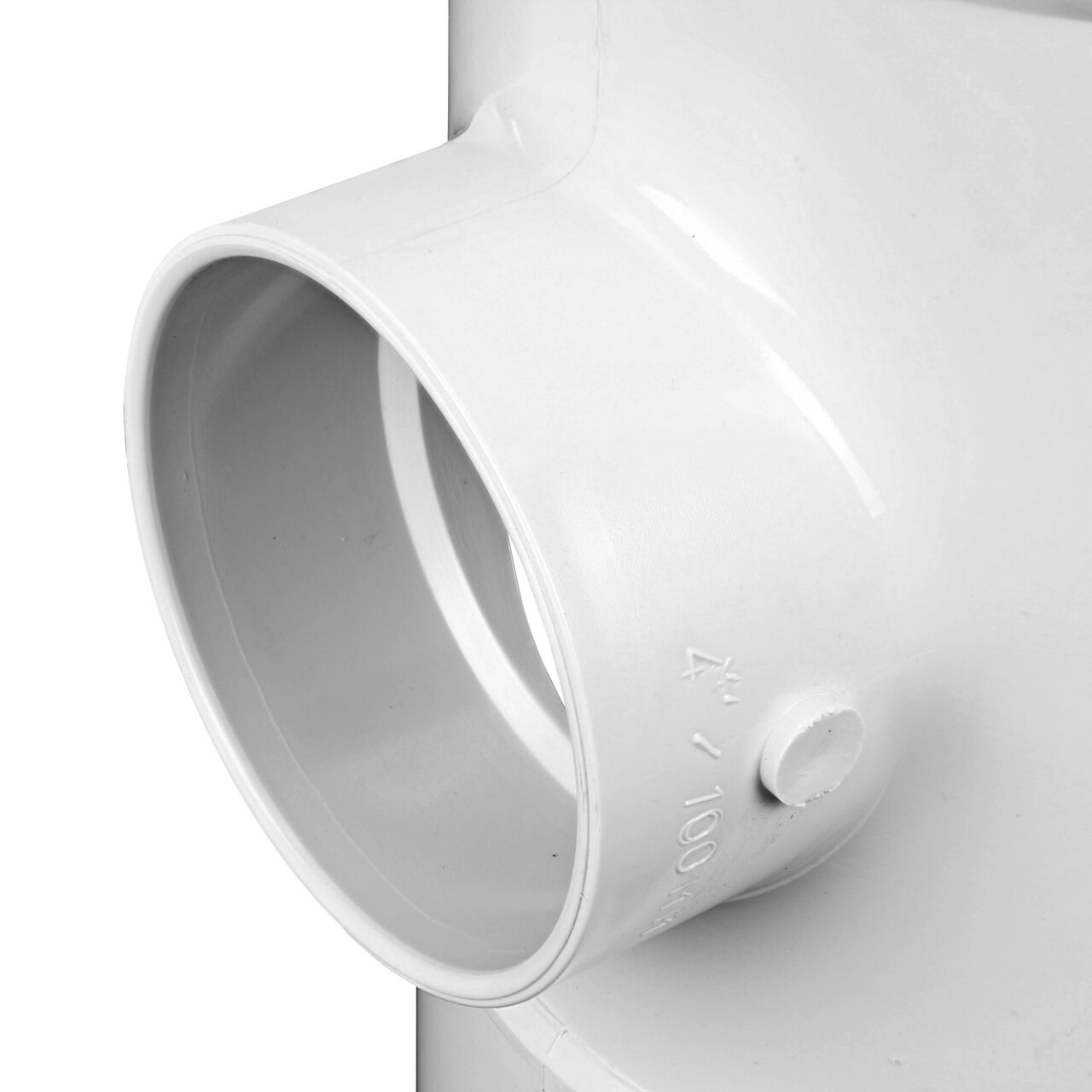 Closeup of the inner lip of the PVC tee for Sewer and Drain pipes; 8 in. Hub X Hub X 4 in. Hub connection (NDS 84P01)