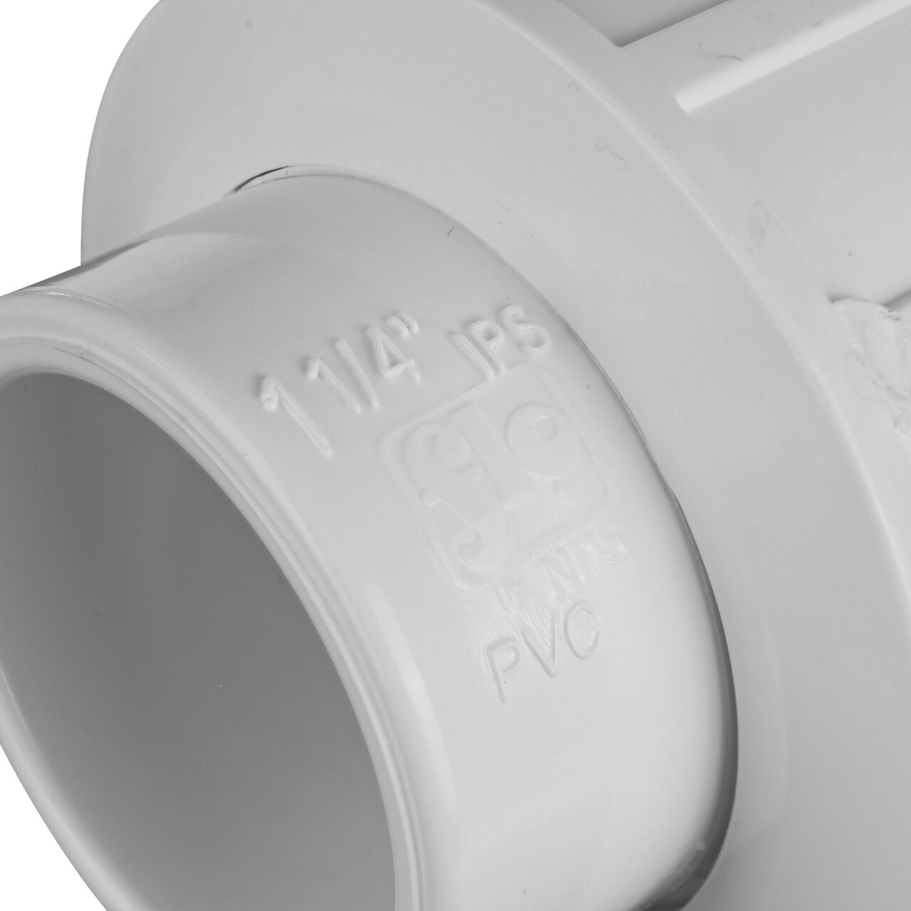 Closeup view of the size mark showing it is 1-1/4 in. IPS slip connection point that makes a leak-resistant connection between pipes (NDS WU-1250-S)