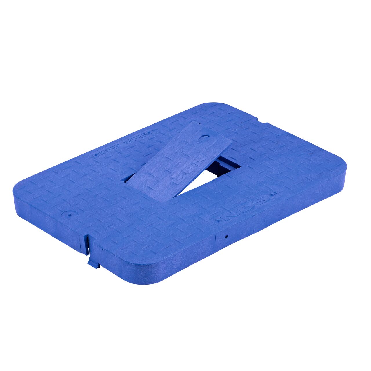 The hinged side of the Plastic reader door on the NDS 13 in. X 20 in. Rectangular Standard Series Meter Box & Water Meter Cover (NDS D1500-DIRBLU)