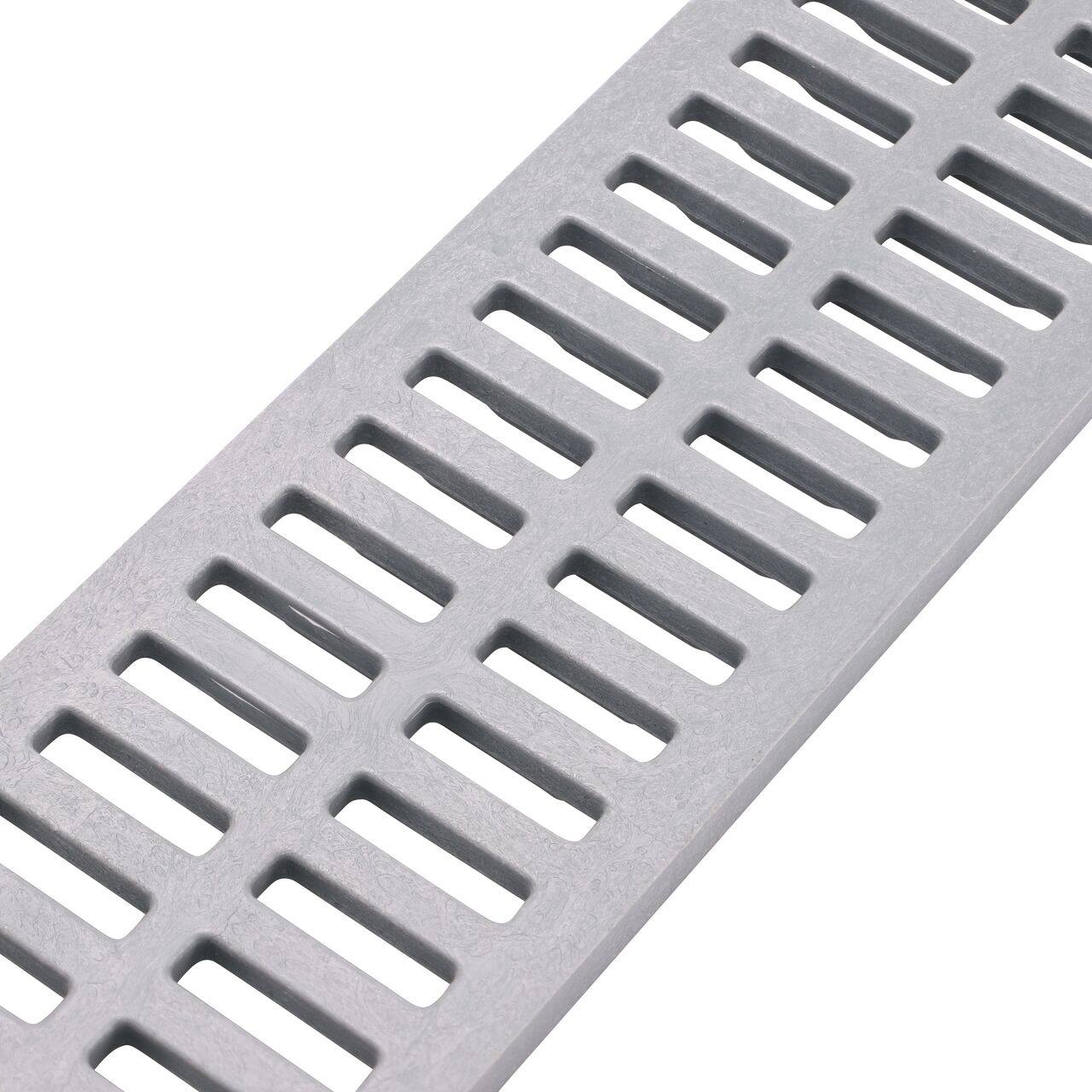 Closeup angled view of the Gray Plastic Mini Channel™ Drain Grate (NDS 541-1*, NDS 541)