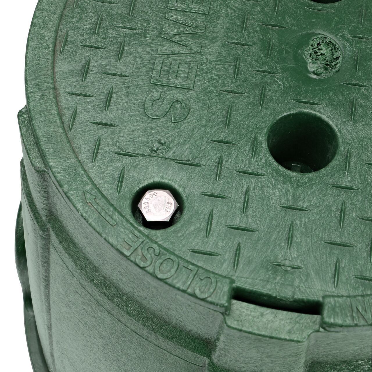 The valve box lid and bolt securely in place on the NDS 10 in. Round Pro-Spec® Series Green Box and Green Sewer Cover (NDS 312BCBS) keeping components protected against the elements, foot traffic, lawn care equipment, and potential vandalism while keeping them out of sight