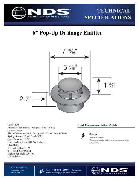 NDS Pop-Up Drainage Emitter for 6 in. Round Spee-D® Catch Basin Drain & 6 in. Drain Fittings Tech Spec