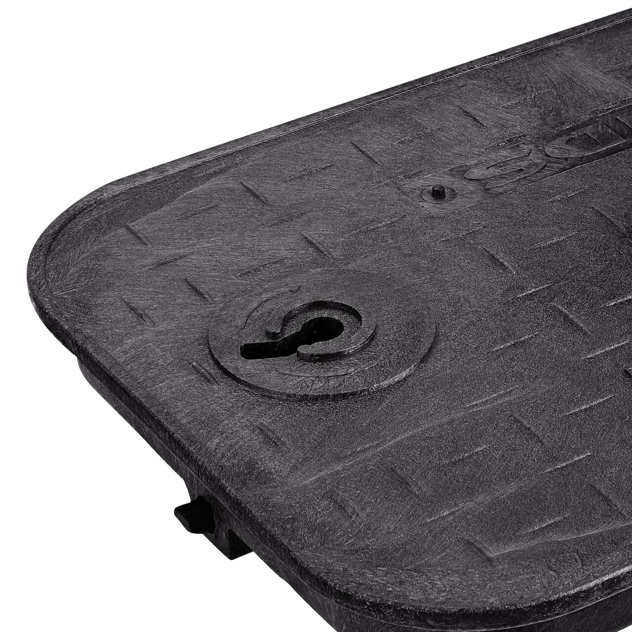 Closeup view of the locking key hole on the NDS 14 in. x 19 in. Standard Series Water Meter cover (NDS D1200-OLLOCBLD) for the NDS 14 in. x 19 in. Rectangular Standard Series Meter Box