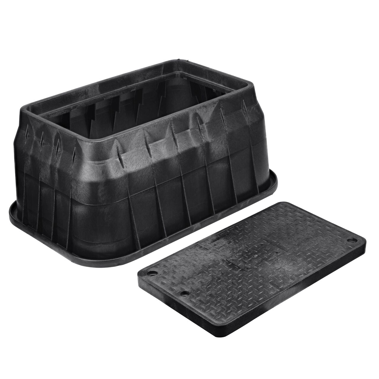 Unassembled View of the NDS 17 in. X 30 in. Black Rectangular Pro-Spec® Series valve box, bolt, and Black Water drop-in cover (NDS 326BCDBW)