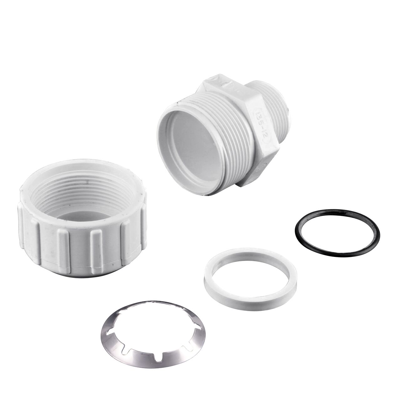 The NDS 1-1/4 in. Flo-Lock™ Gripper Adapter fully unassembled showing the steel gripper and EPDM O-Ring (NDS 135-12)