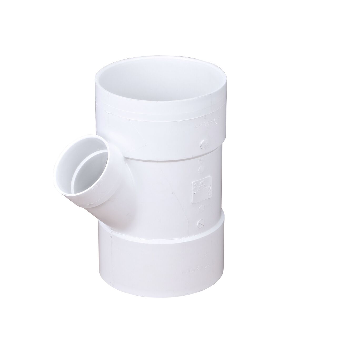 PVC 45 degree wye for 8 in. and 4 in. Sewer and Drain pipes, with 8 in. Hub X Hub X 4 in. Hub connection (NDS 84P08)
