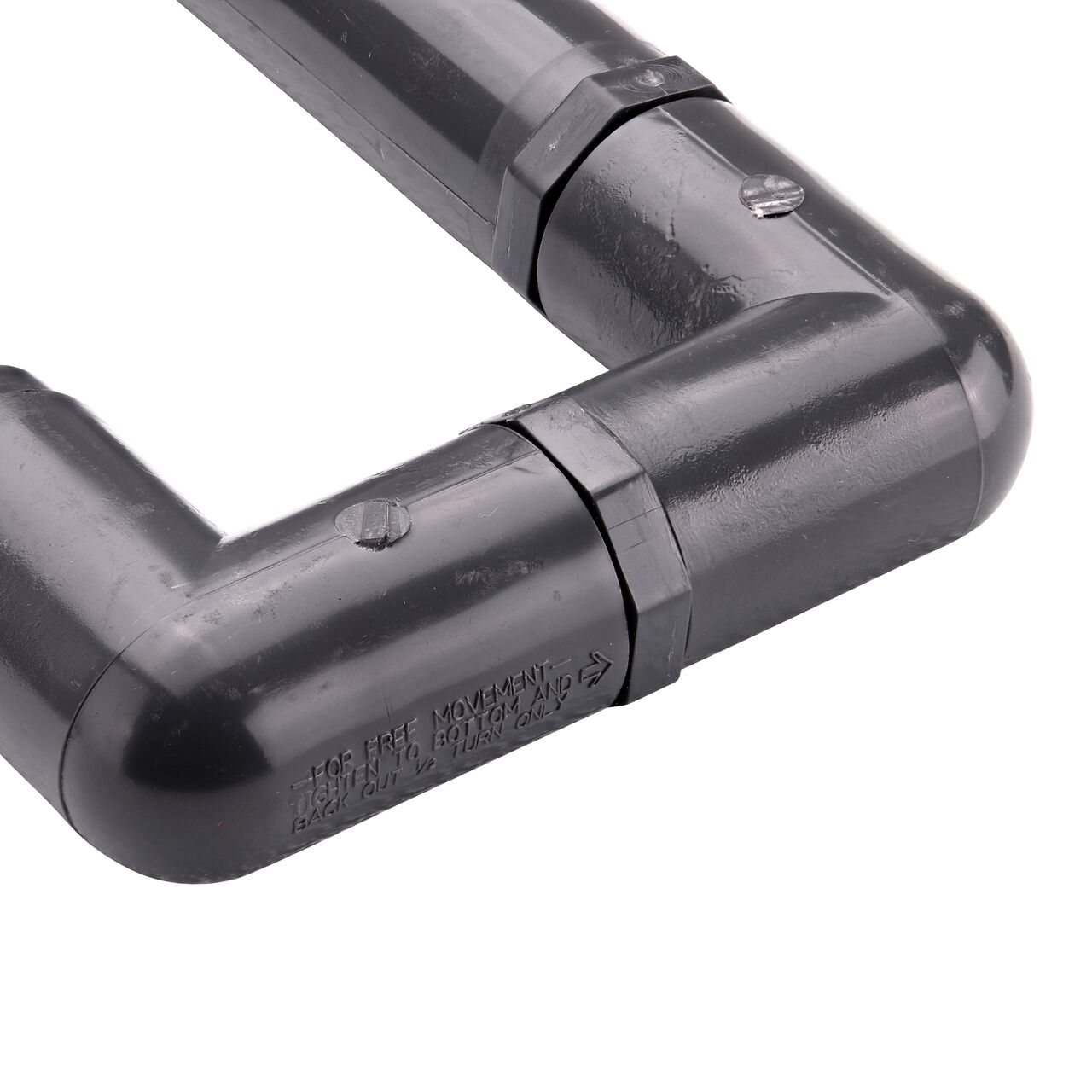 Closeup view of the NDS PVC Triple Swing Joints Assembly, Sch. 80 1/2 in. MPT shows a rotating elbow that is ideal for placing sprinklers in narrow or uneven areas that the pipeline can’t reach (NDS TSA-0500-TT)