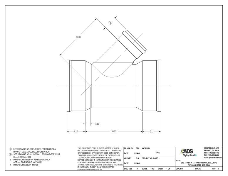 24 x 15 N-12 Dual Wall Wye with Gasketed SWR Bell Nyloplast Detail