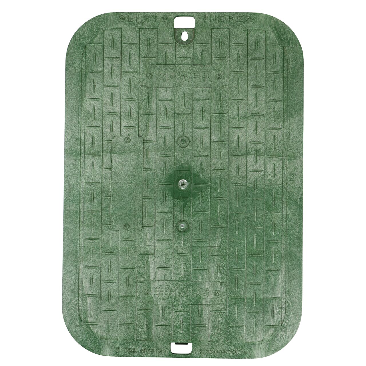 Top down view of the top side of the Green Sewer cover for the NDS 13 in. x 20 in. Rectangular Standard Series Valve Box (NDS 318BCBS) showing the Green Sewer markings
