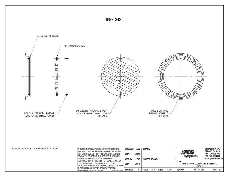 18" Standard Locking Grate Assembly Nyloplast Detail