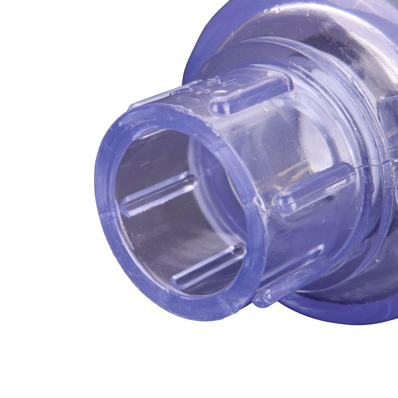 Closeup of the inlet end of the slip NDS Clear 1/2 in. slip end by slip end PVC Swing Check Valve (NDS 1520C05) which prevents backflow in pipelines