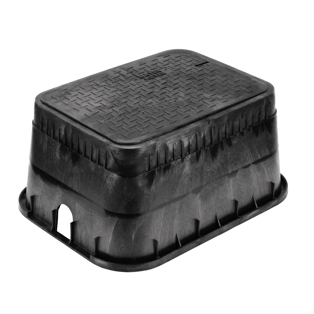The NDS 13 in. X 20 in. Rectangular AMR Meter Box and Cover is a 12 in. high Black Box and Black Cover with Water markings on the Drop-in lid (NDS D15-BAMR) with locking bottom mount AMR cover