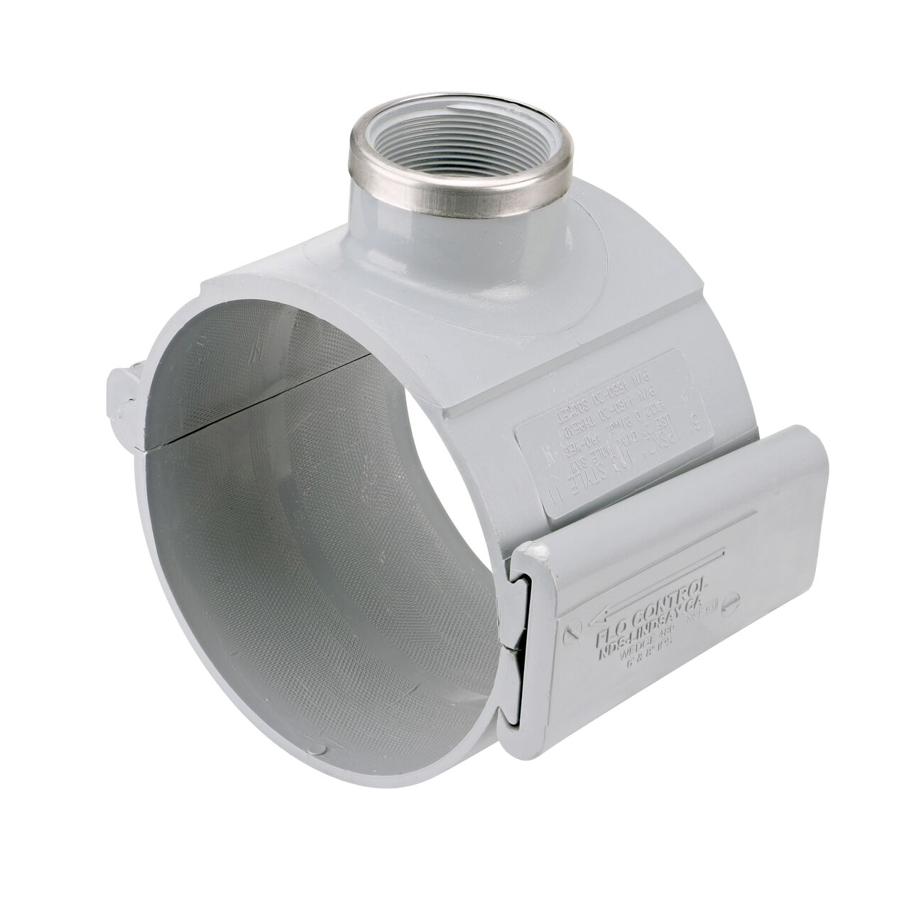 The NDS Clamp-It™ Rigid PVC Saddle with 2 in. FPT connection on top (NDS 446020) for 6 in. PVC pipe has a patented wedge design to install a sprinkler irrigation system to existing pipe without any bolts