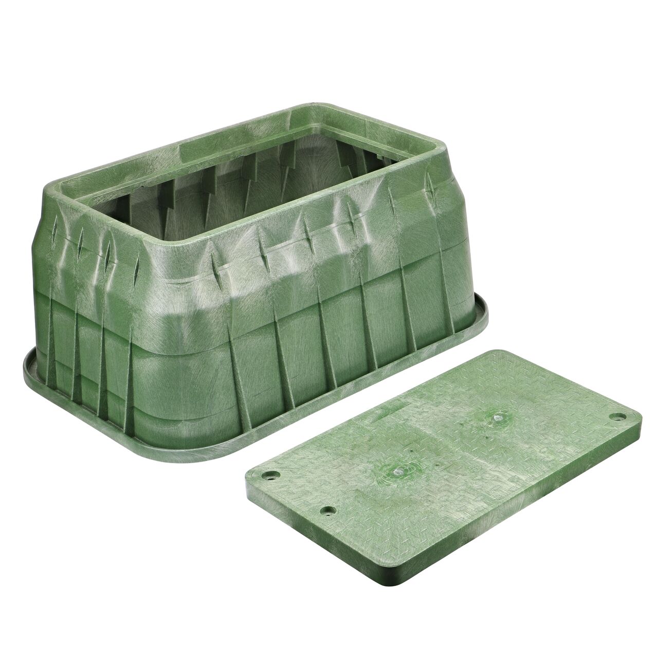 Unassembled View of the NDS 17 in. X 30 in. Green Rectangular Pro-Spec® Series valve box , bolt, and Green Irrigation Control valve drop-in cover (NDS 326BCDB)