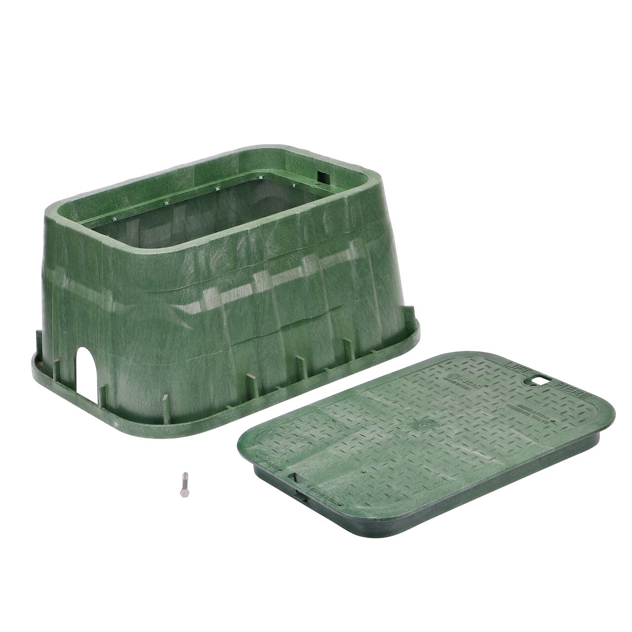 Unassembled View of the NDS 13 in. X 20 in. Green Rectangular Pro-Spec® Series valve box, bolt, and Green Irrigation Control Valve Overlapping cover (NDS 318BCB)