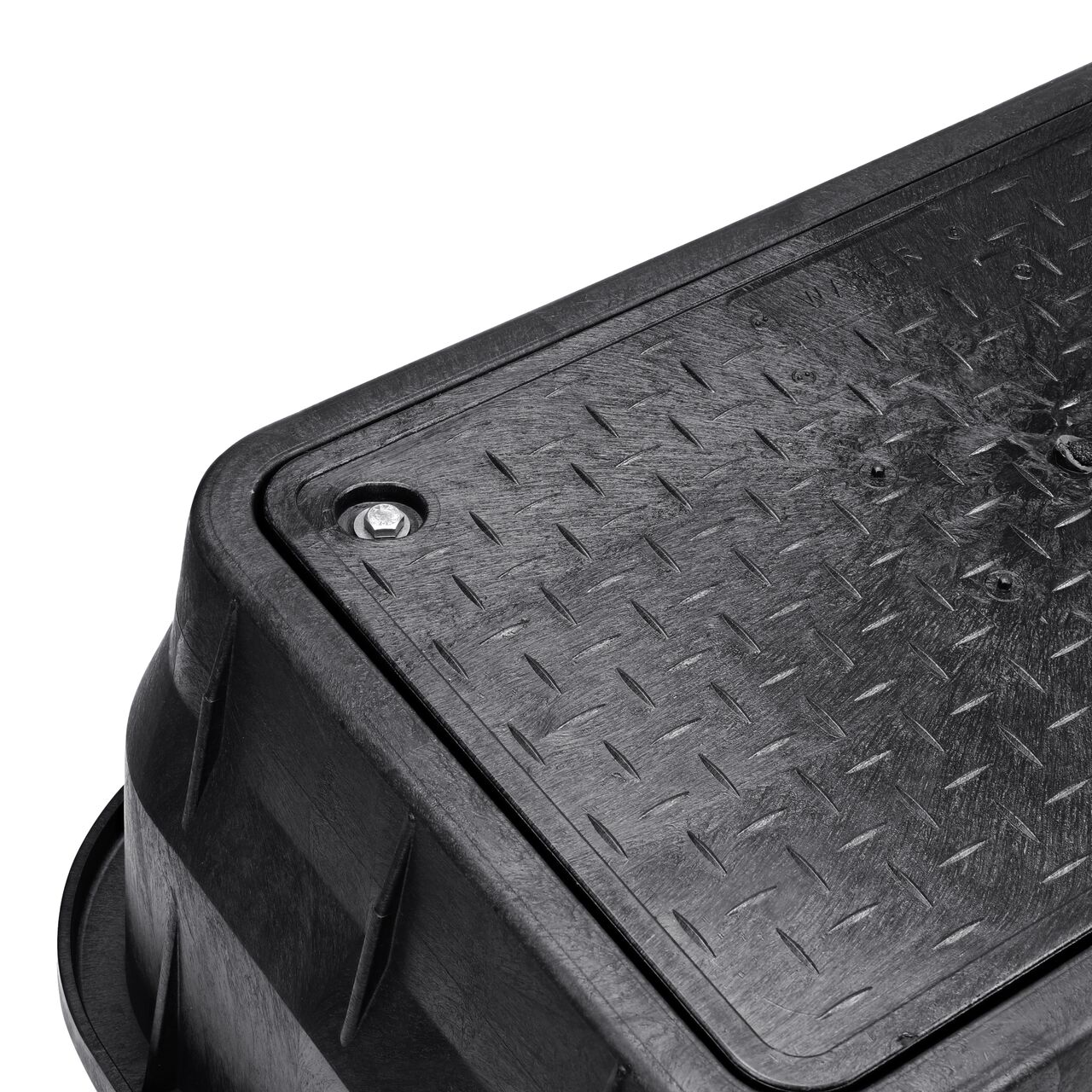 Closeup view of the NDS logo and Water Meter markings on the Black Water Meter cover for the NDS 13 in. X 24 in. Rectangular Pro Series Meter Box (NDS 121BCDWB)
