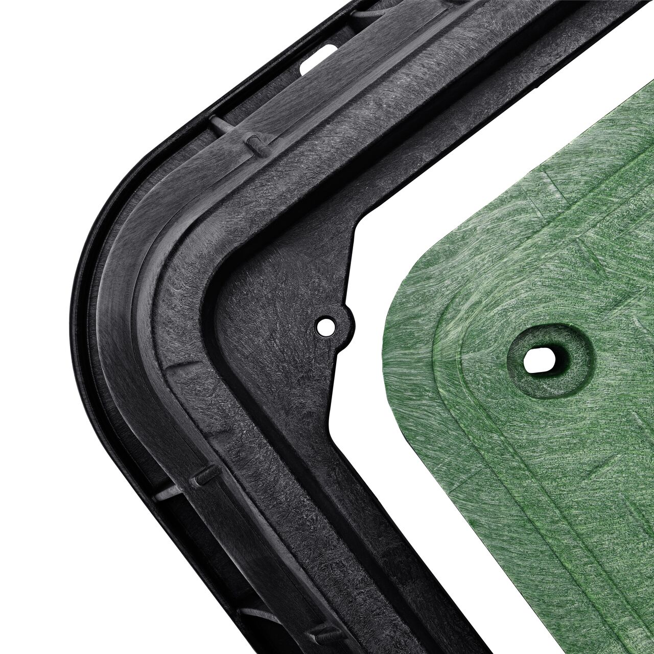Align the bolt hole on the lid with the bolt hole from the NDS 17 in. X 30 in. Rectangular Pro-Spec® Series Black Box and Green Irrigation Control Valve Cover (NDS 326BCB-BG) for a secure fit