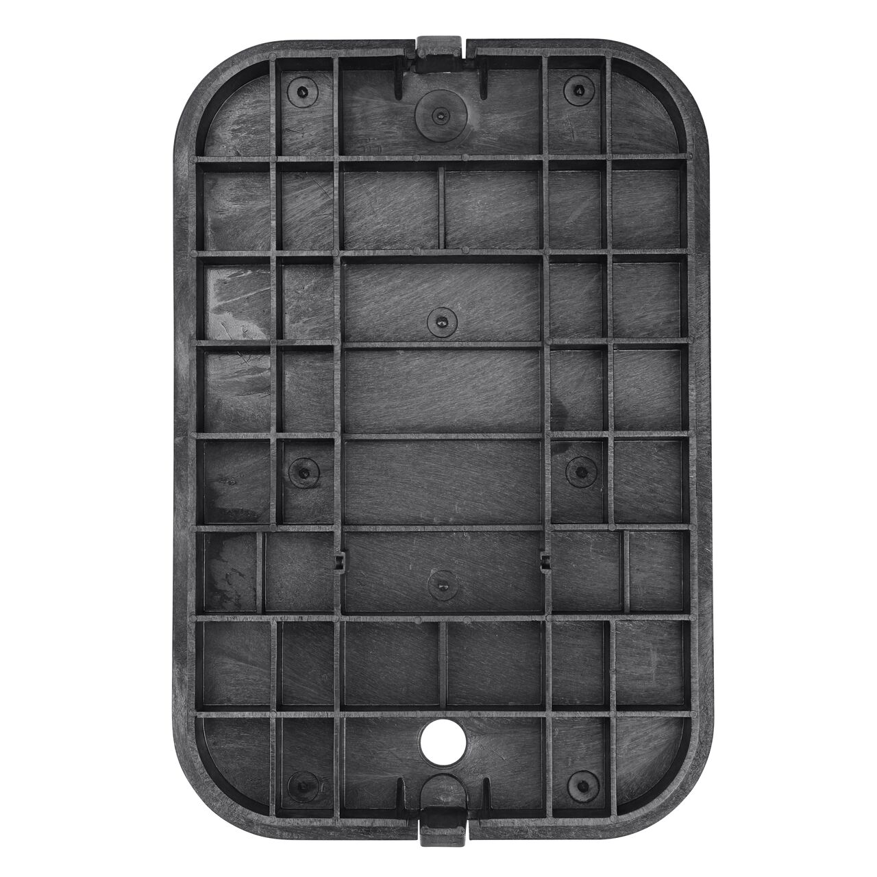 Top down view of the underside of the Black Water Meter cover (NDS D1200-OLSBL) for the NDS 14 in. X 19 in. Rectangular Standard Series meter box showing reinforcing ribs that help support pedestrian and lawn care equipment