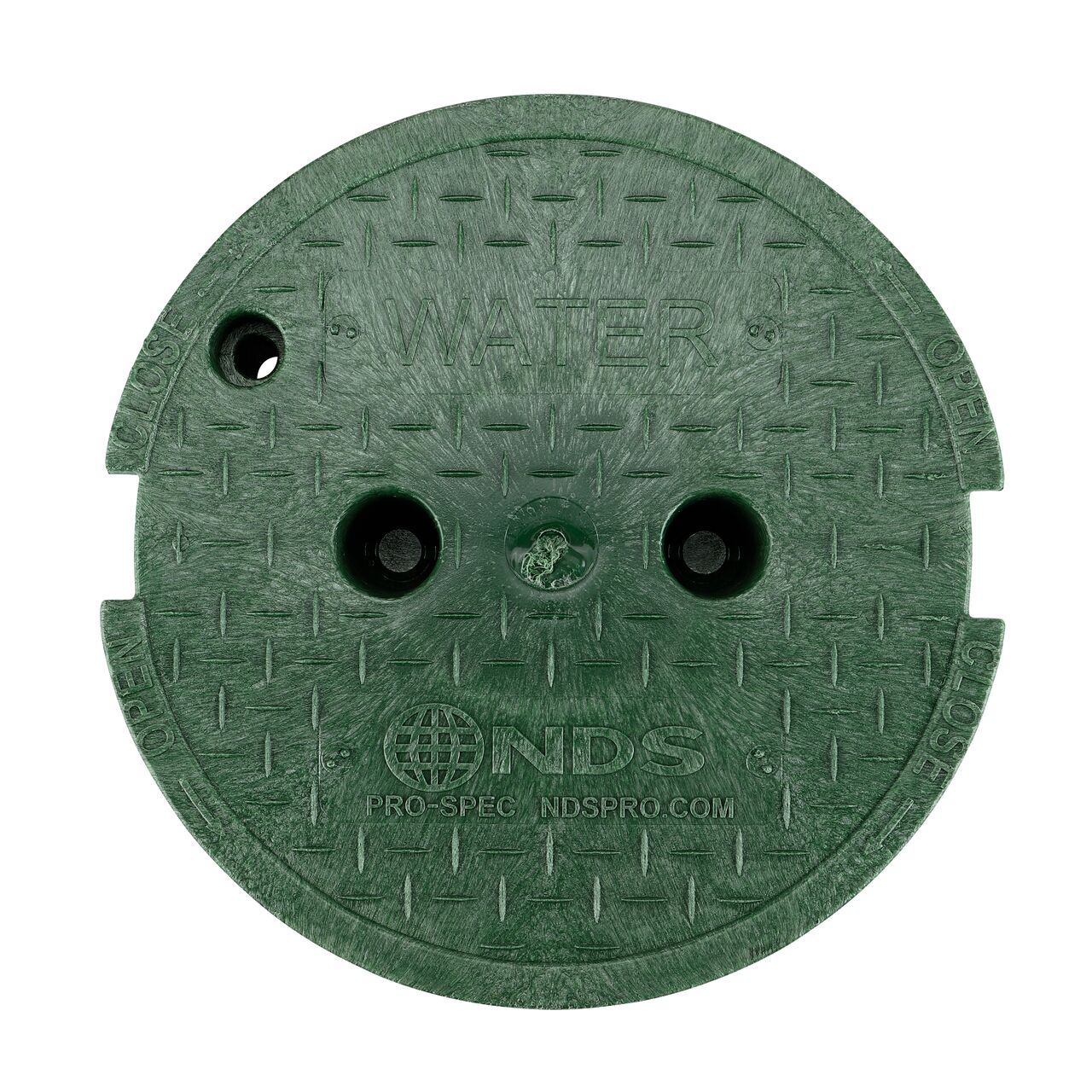 Top down view of the top side of the Green Water cover (NDS 311CW) with finger indentations to lift and remove lid for the NDS 10 in. Round Pro-Spec® Series